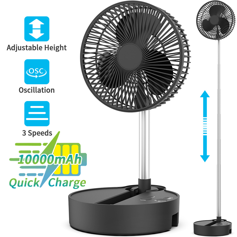 Folding Portable Fan Telescopic Floor Fan USB Rechargeable Cordless Standing Fan